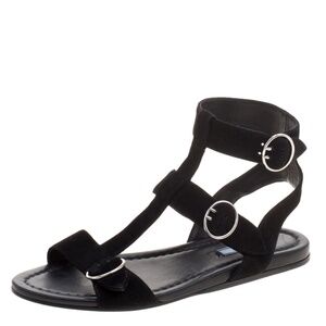 Prada Black Suede Ankle Wrap T Strap Flat Sandals Size 6.5